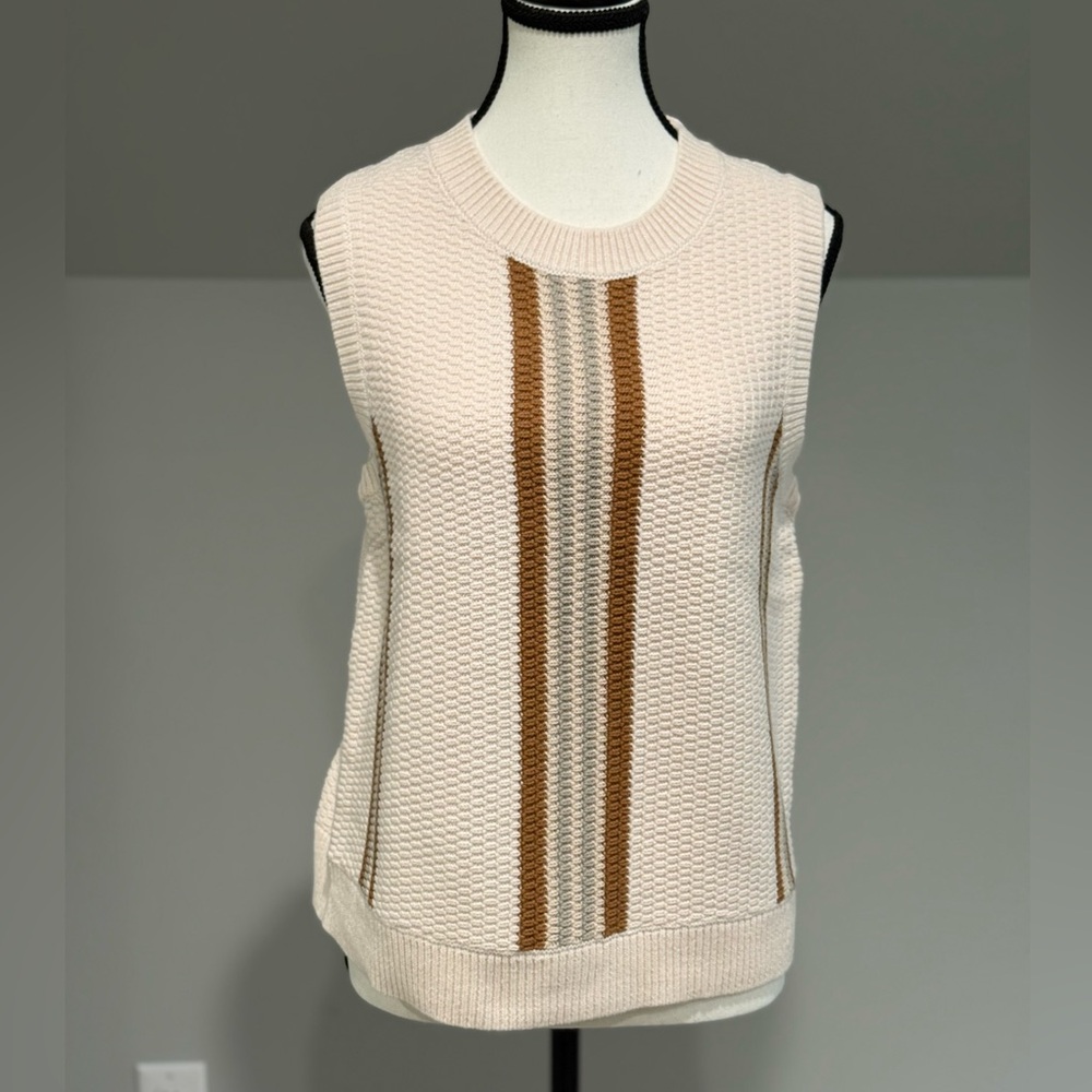 NWT hen & thread Cream and Brown Striped Knit Sweater Vest size Small.